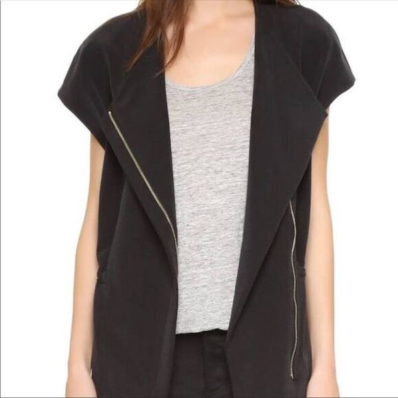 Vince Cap Sleeve Black Jacket XS Gold Zipper Draw String Asymmetric Modern City - Picture 1 of 13